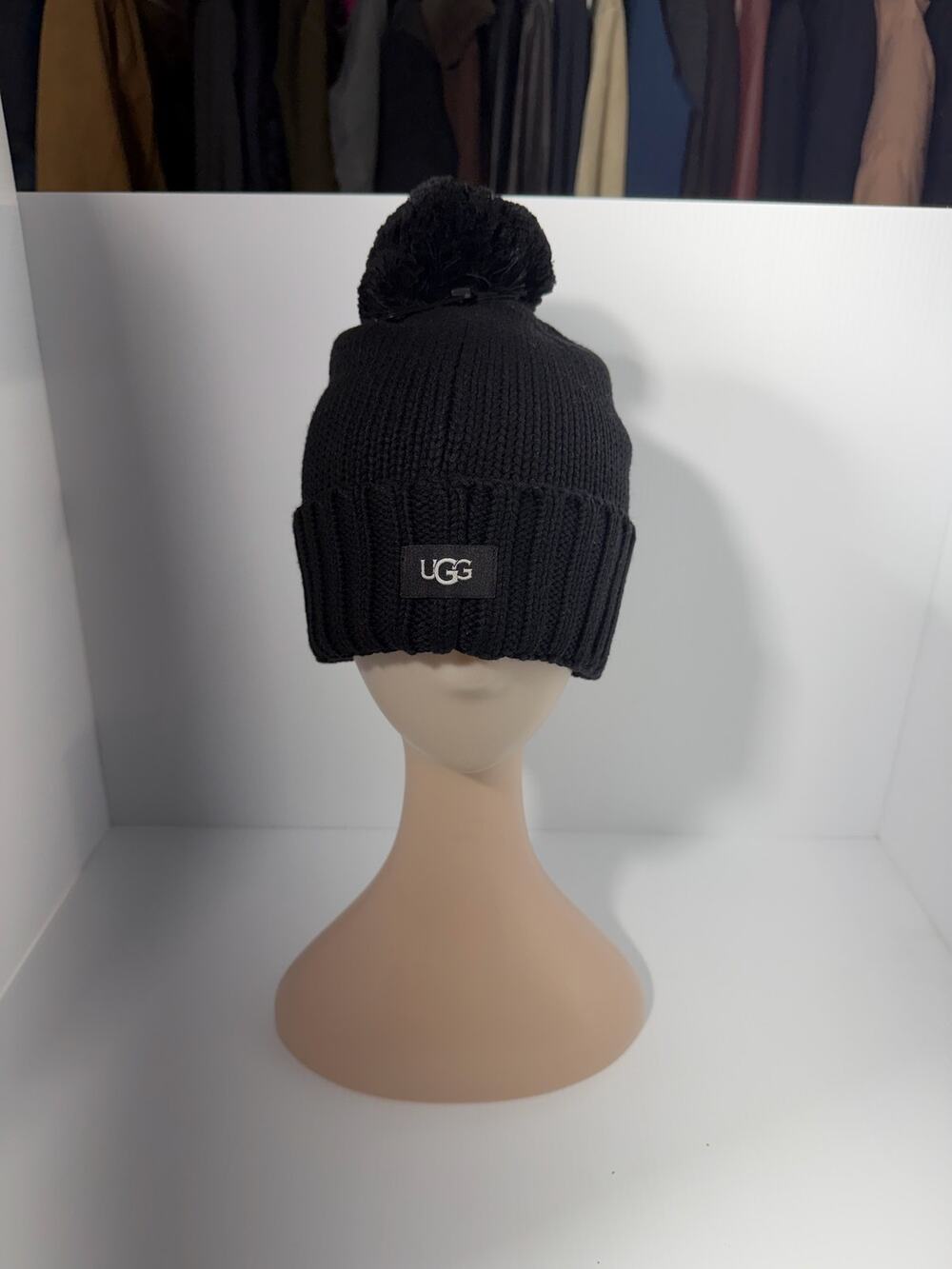 UGG Black Knit Pom Pom Beanie Hat One Size Cuffed Winter Ski NWT 17036SKE